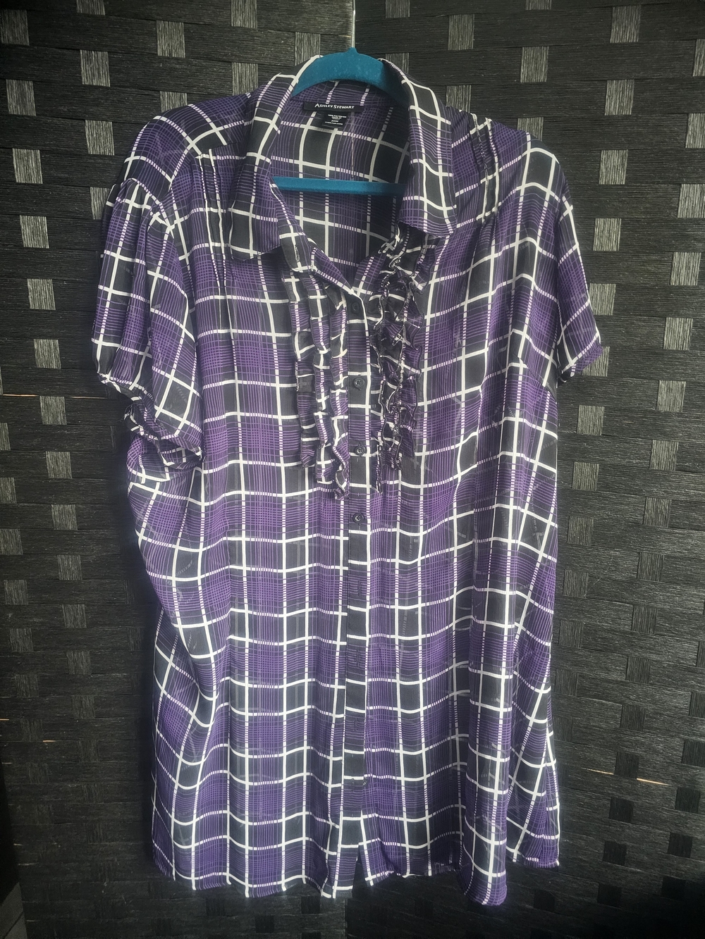 Ashley Stewart Purple Plaid Ruffle Front Short-Sleeve Top, Size 20W